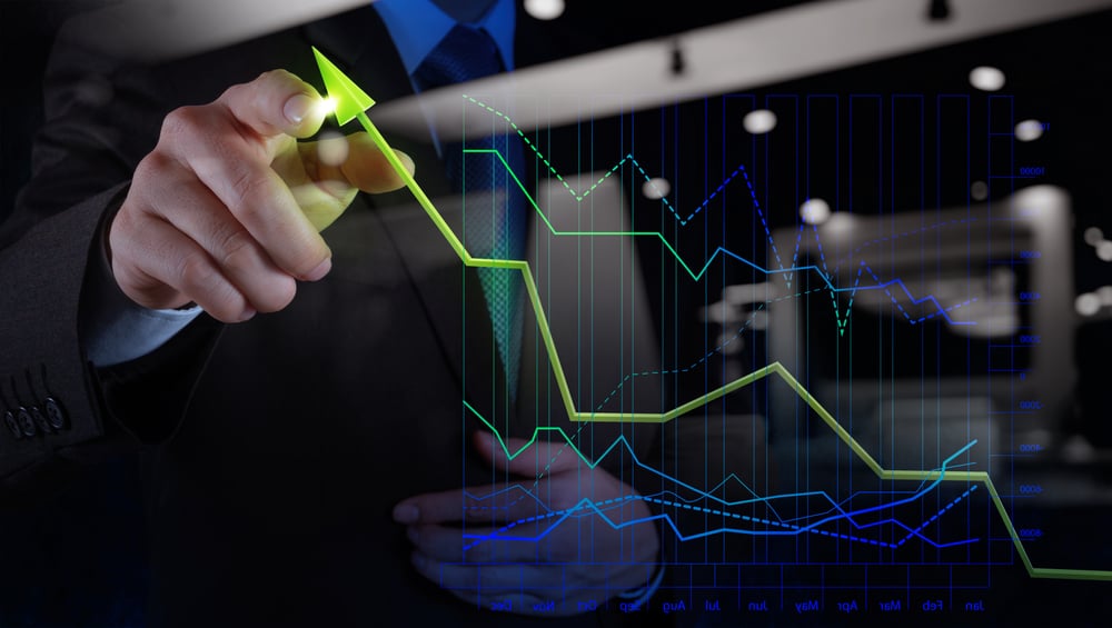 double exposure of businessman hand drawing virtual chart business on touch screen computer as concept-2
